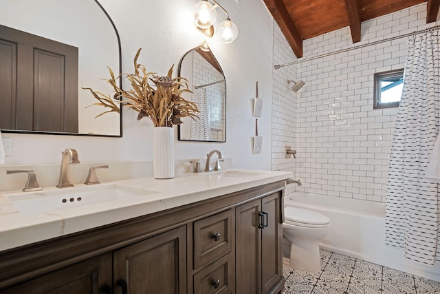 bathroom with toilet, wooden ceiling, a sink, and shower / bath combo