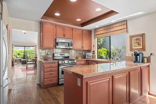kitchen featuring a sink, a raised ceiling, stainless steel appliances, a peninsula, and backsplash