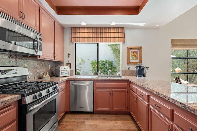 kitchen with appliances with stainless steel finishes, a sink, a raised ceiling, light wood finished floors, and tasteful backsplash