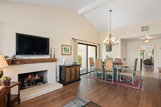 dining space featuring an inviting chandelier, beam ceiling, high vaulted ceiling, wood finished floors, and visible vents