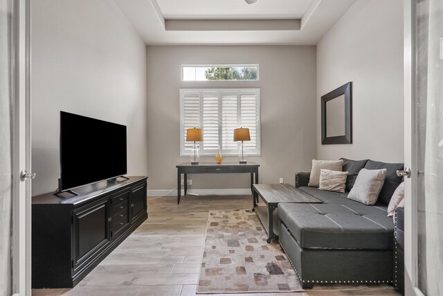 80220 Vía Tesoro, Tesoro, CA 92253 - living room with baseboards, a tray ceiling, and light wood-style flooring