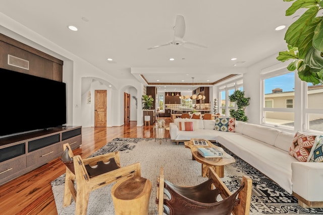 1158 Shelburn Ln, Ventura, CA 93001 - living room with arched walkways, a ceiling fan, recessed lighting, and wood finished floors