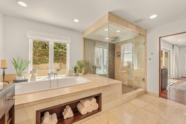 1158 Shelburn Ln, Ventura, CA 93001 - full bathroom with tile patterned flooring, recessed lighting, a shower stall, visible vents, and a bath