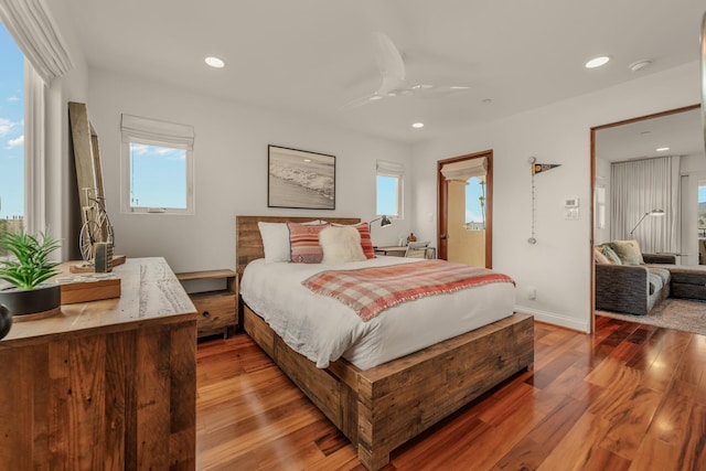 1158 Shelburn Ln, Ventura, CA 93001 - bedroom with light wood finished floors, access to exterior, recessed lighting, a ceiling fan, and baseboards