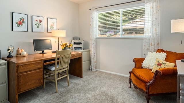 office area featuring baseboards and light carpet