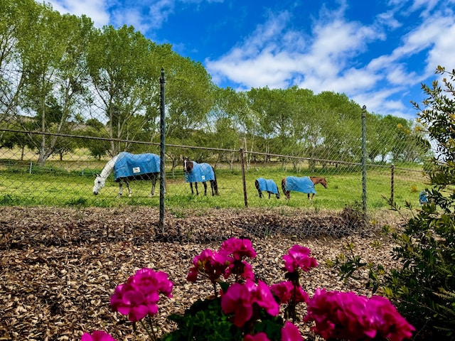 exterior space featuring fence and a rural view