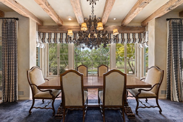 3325 Figueroa Mountain Rd, Los Olivos, CA 93460 - carpeted dining room featuring beam ceiling, a chandelier, and baseboards