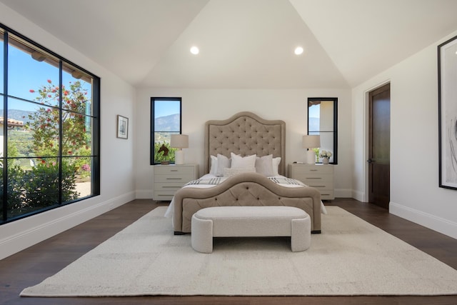 bedroom featuring lofted ceiling, baseboards, dark wood-type flooring, and recessed lighting