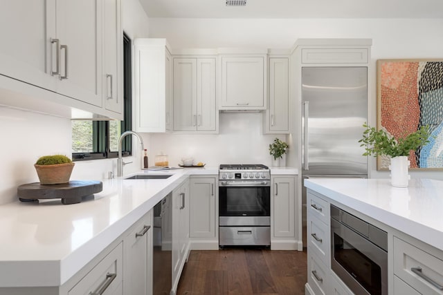 220 Montecito Ranch Ln, Summerland, CA 93067 - kitchen featuring built in appliances, dark wood-type flooring, light countertops, and a sink