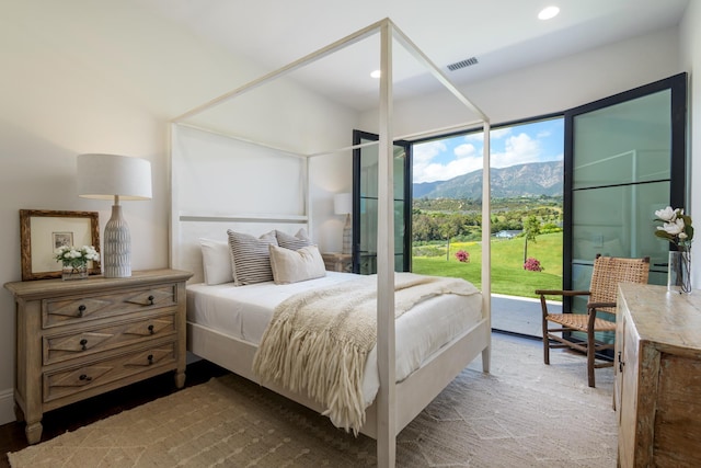 220 Montecito Ranch Ln, Summerland, CA 93067 - bedroom featuring a mountain view, access to exterior, and recessed lighting