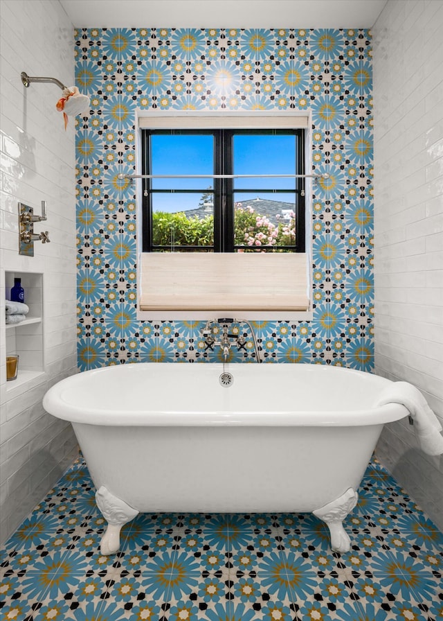 305 E Islay St, Santa Barbara, CA 93101 - bathroom featuring tile walls, tile patterned flooring, a freestanding bath, and wallpapered walls