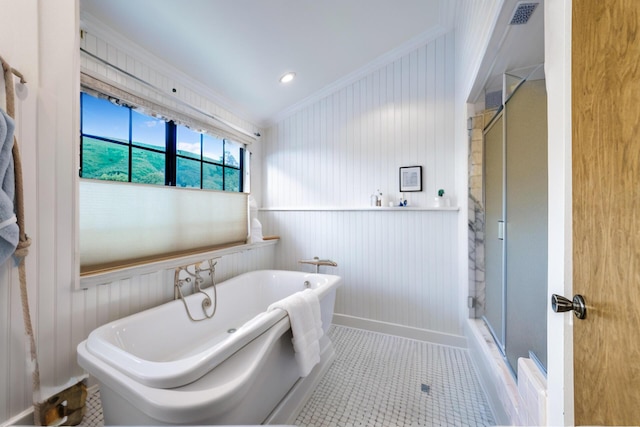 904 E Fir Ave, Lompoc, CA 93436 - full bathroom with ornamental molding, a stall shower, a freestanding tub, wooden walls, and wainscoting