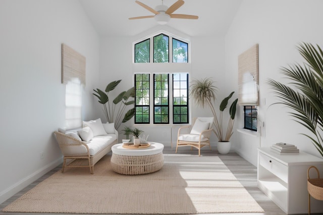 904 E Fir Ave, Lompoc, CA 93436 - sitting room featuring a ceiling fan, light wood-style floors, high vaulted ceiling, and baseboards