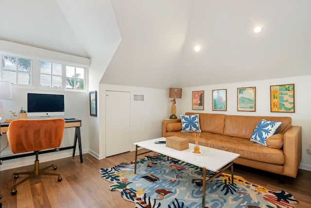 910 N Nopal St, Santa Barbara, CA 93103 - living room with wood finished floors, lofted ceiling, baseboards, and recessed lighting