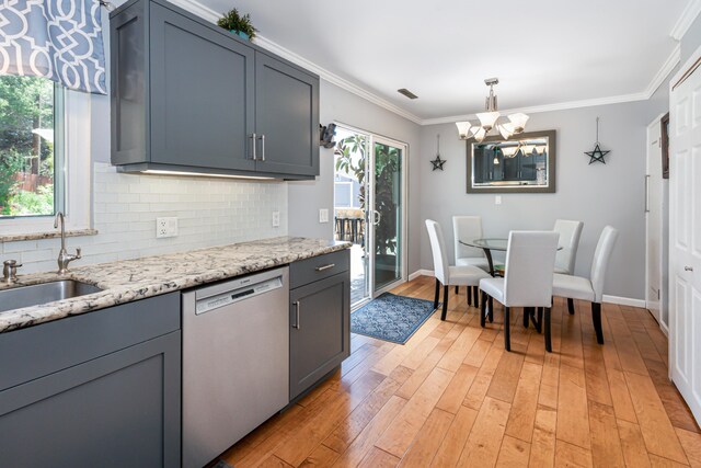 3933 Foothill Rd, Santa Barbara, CA 93110 - kitchen with stainless steel dishwasher, a sink, tasteful backsplash, a chandelier, and light wood-type flooring