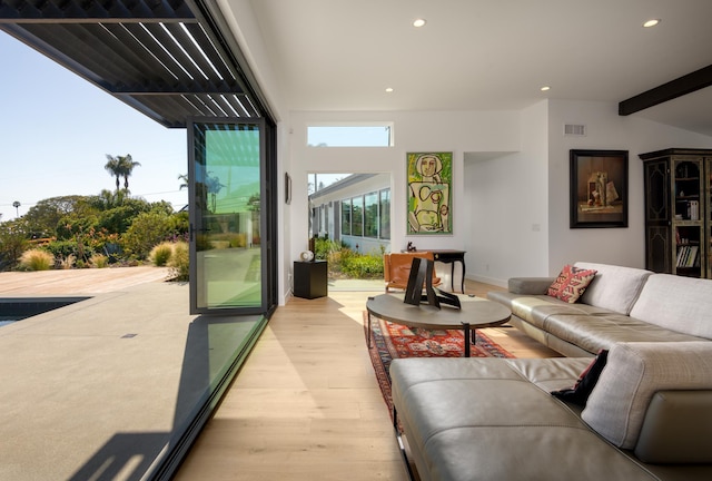 415 Yankee Farm Rd, Santa Barbara, CA 93109 - living area featuring light wood finished floors, recessed lighting, and beamed ceiling