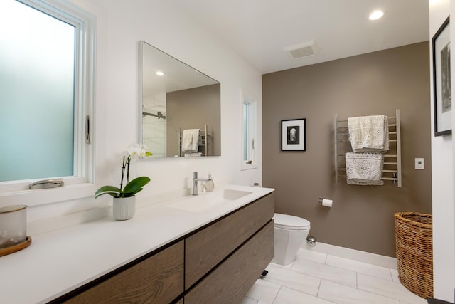 415 Yankee Farm Rd, Santa Barbara, CA 93109 - full bathroom with toilet, vanity, baseboards, a shower, and recessed lighting