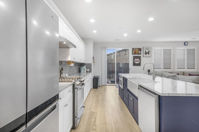 1010 Tranquillion Ct, Lompoc, CA 93436 - kitchen featuring stainless steel appliances, a sink, white cabinets, under cabinet range hood, and light wood-type flooring
