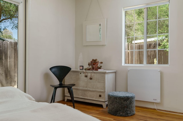 bedroom with radiator heating unit, wood finished floors, and a baseboard heating unit