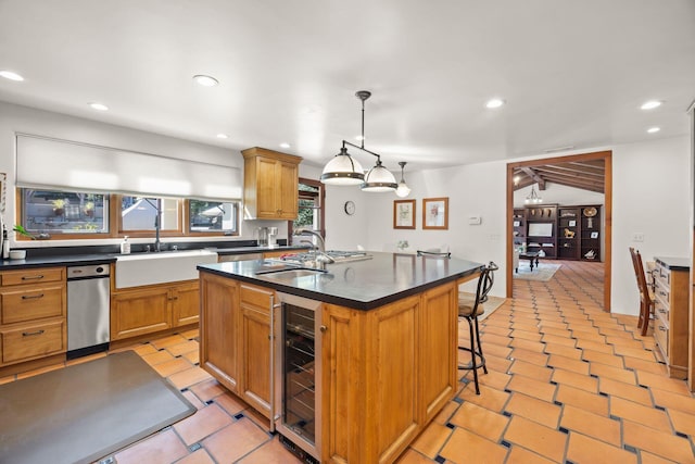 10971 Alto Ct, Oak View, CA 93022 - kitchen with beverage cooler, a sink, dark countertops, and recessed lighting