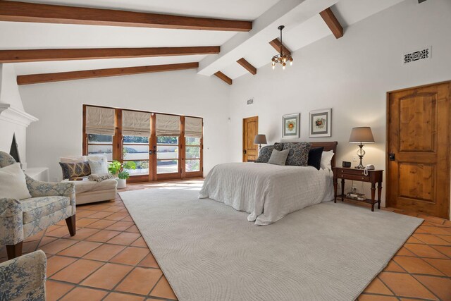 10971 Alto Ct, Oak View, CA 93022 - bedroom with light tile patterned floors, high vaulted ceiling, beam ceiling, access to outside, and french doors