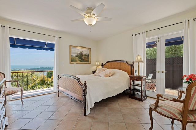 170 Loma Media Rd, Santa Barbara, CA 93103 - bedroom with access to exterior, french doors, light tile patterned floors, and a ceiling fan