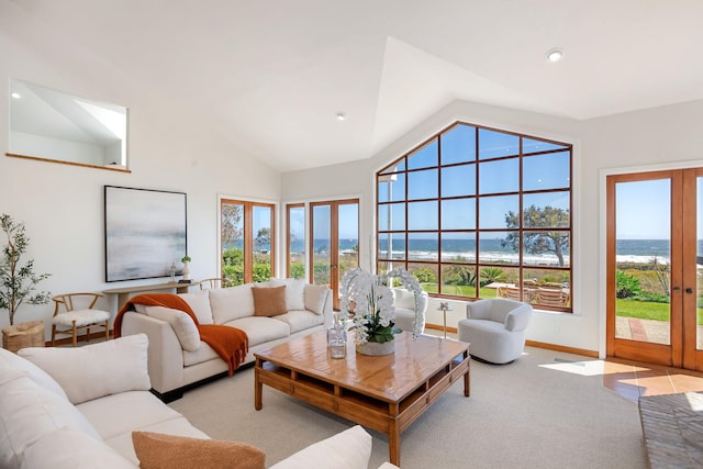 5529 Calle Arena, Carpinteria, CA 93013 - living area featuring vaulted ceiling, a water view, french doors, baseboards, and recessed lighting