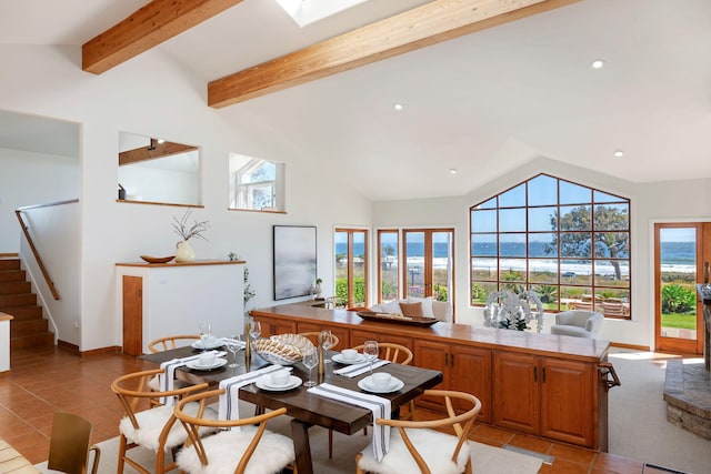 5529 Calle Arena, Carpinteria, CA 93013 - dining space with light tile patterned flooring, baseboards, recessed lighting, and stairway