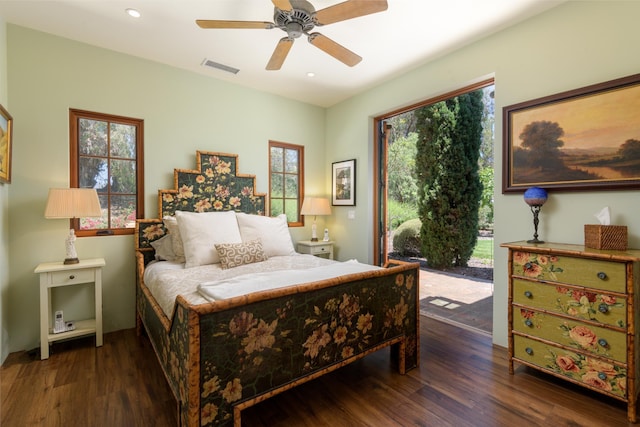 7200 Casitas Pass Rd, Carpinteria, CA 93103 - bedroom with access to outside, wood finished floors, recessed lighting, and ceiling fan