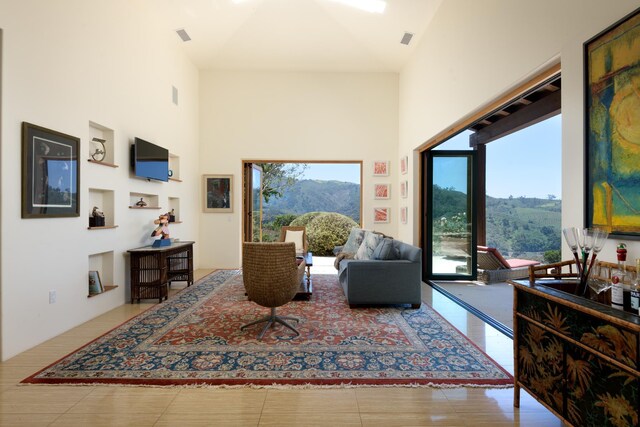 7200 Casitas Pass Rd, Carpinteria, CA 93103 - living area with a high ceiling and tile patterned flooring