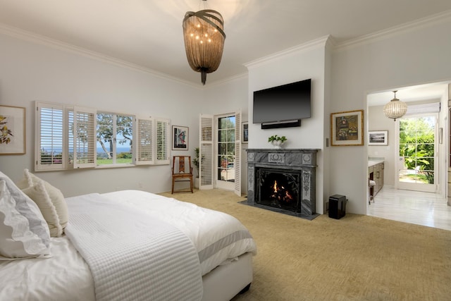 7200 Casitas Pass Rd, Carpinteria, CA 93103 - bedroom with light carpet, crown molding, and a fireplace with flush hearth