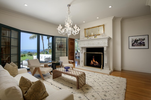 7200 Casitas Pass Rd, Carpinteria, CA 93103 - living room featuring ornamental molding, wood finished floors, baseboards, a chandelier, and recessed lighting