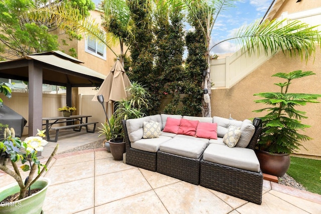 714 Nile River Dr, Oxnard, CA 93036 - view of patio / terrace featuring a gazebo, an outdoor living space, and a fenced backyard