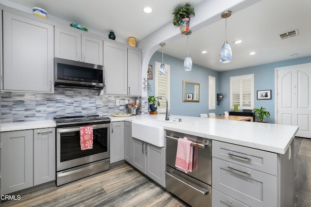 714 Nile River Dr, Oxnard, CA 93036 - kitchen with stainless steel appliances, gray cabinetry, a peninsula, recessed lighting, and a sink