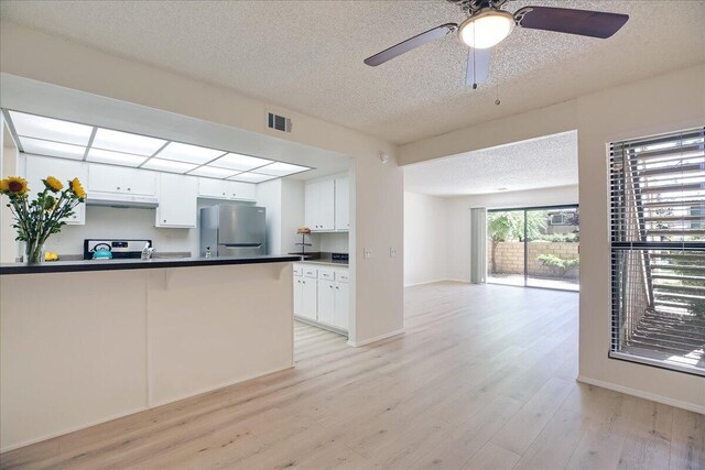232 Rosewood St, Ventura, CA 93001 - kitchen with stainless steel appliances, a textured ceiling, dark countertops, under cabinet range hood, and light wood-style floors