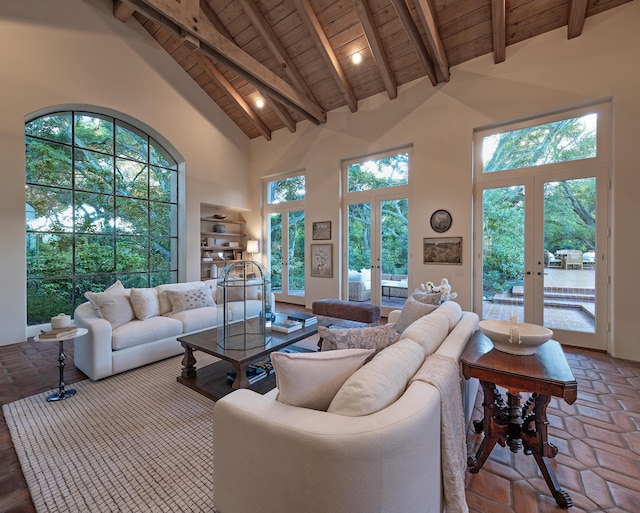 603 Juan Crespi Ln, Montecito, CA 93108 - living room with wood ceiling with exposed beams, french doors, and high vaulted ceiling
