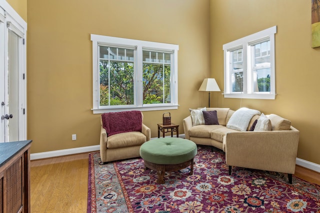 5049 Via Lara Ln, Santa Barbara, CA 93111 - living area with wood finished floors, healthy amount of natural light, baseboards, and a towering ceiling