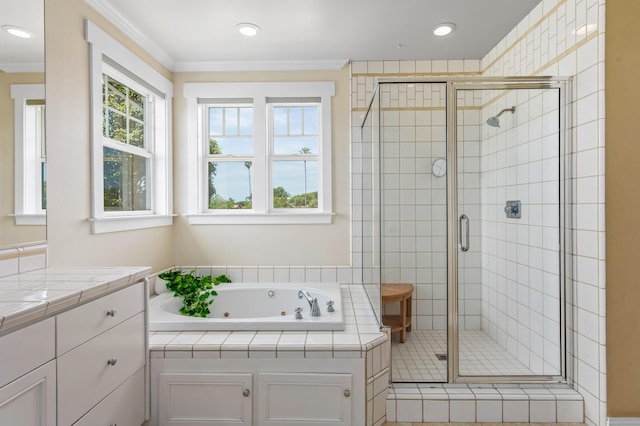 5049 Via Lara Ln, Santa Barbara, CA 93111 - bathroom featuring a stall shower, crown molding, a whirlpool tub, vanity, and recessed lighting