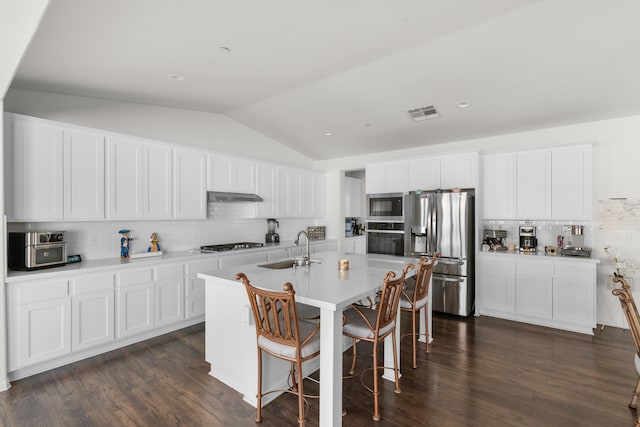kitchen featuring stainless steel appliances, a sink, decorative backsplash, vaulted ceiling, and under cabinet range hood