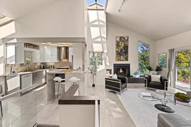 840 Cheltenham Rd, Santa Barbara, CA 93105 - living room featuring high vaulted ceiling, healthy amount of natural light, a lit fireplace, light tile patterned floors, and rail lighting