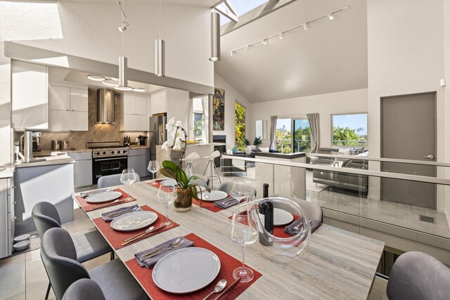 840 Cheltenham Rd, Santa Barbara, CA 93105 - dining area featuring track lighting and high vaulted ceiling