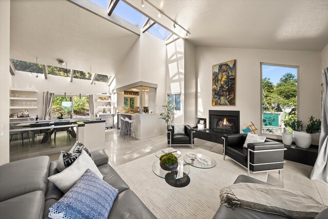 840 Cheltenham Rd, Santa Barbara, CA 93105 - living room featuring a warm lit fireplace, a high ceiling, and a skylight