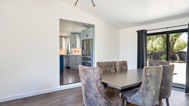 1311 Meadowvale Rd, Santa Ynez, CA 93460 - dining area with dark wood-style floors, lofted ceiling, baseboards, and recessed lighting