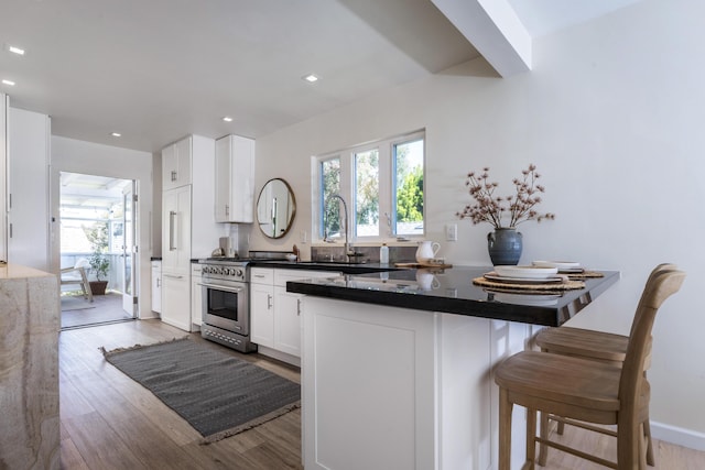 510 Miramonte Dr, Santa Barbara, CA 93109 - kitchen featuring stainless steel stove, healthy amount of natural light, wood finished floors, and recessed lighting
