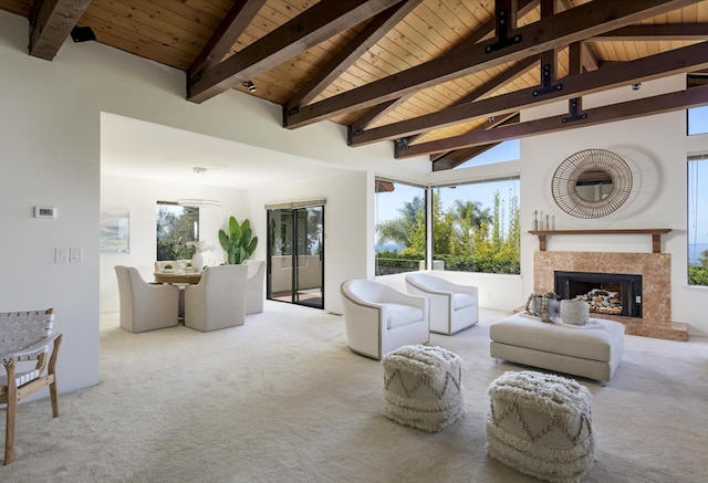 1649 Miramesa Dr, Santa Barbara, CA 93109 - carpeted living room featuring wood ceiling and a fireplace with raised hearth