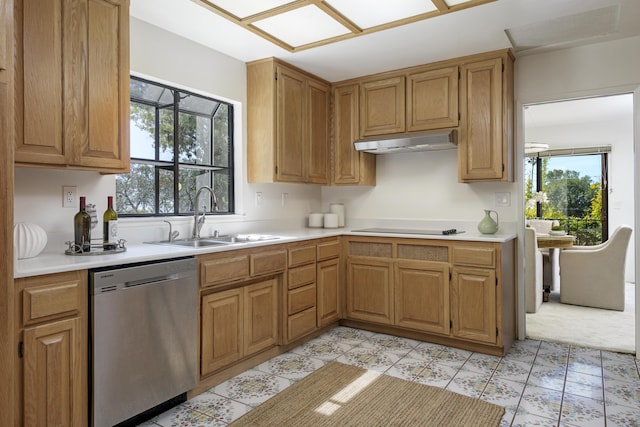 1649 Miramesa Dr, Santa Barbara, CA 93109 - kitchen featuring stainless steel dishwasher, a sink, under cabinet range hood, light countertops, and plenty of natural light