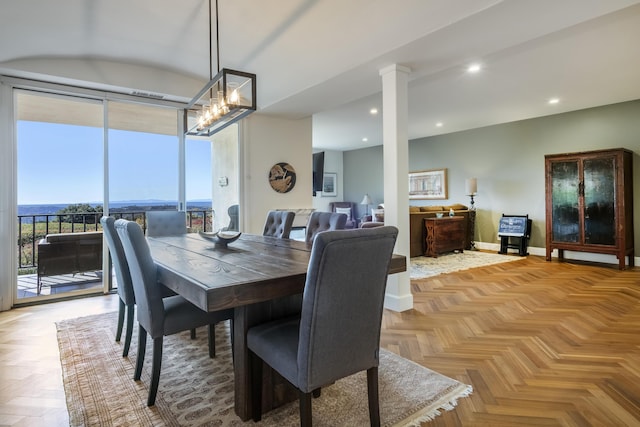 4477 Shadow Hills Blvd Unit A, Santa Barbara, CA 93105 - dining space featuring ornate columns, baseboards, a chandelier, and recessed lighting