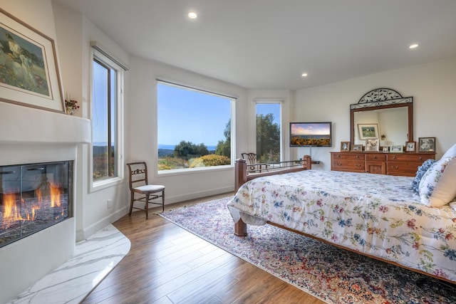 4477 Shadow Hills Blvd Unit A, Santa Barbara, CA 93105 - bedroom featuring wood finished floors, a glass covered fireplace, recessed lighting, and baseboards