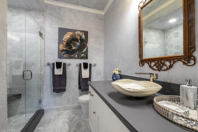 4477 Shadow Hills Blvd Unit A, Santa Barbara, CA 93105 - bathroom with a stall shower, toilet, crown molding, and vanity