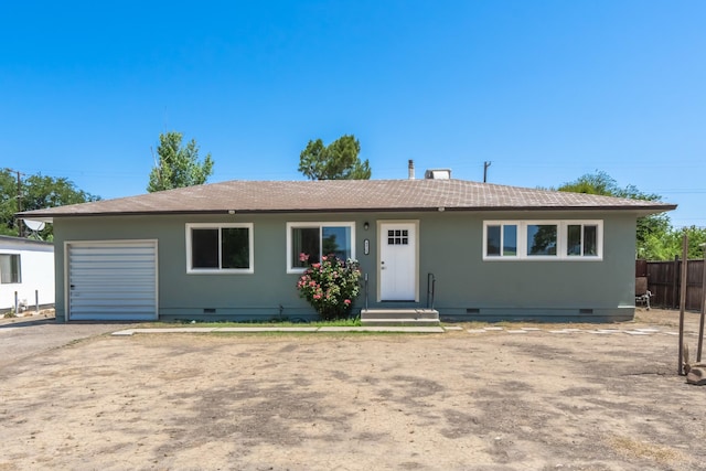 4810 Cebrian Ave, New Cuyama, CA 93254 - ranch-style house with crawl space, a garage, roof with shingles, and driveway